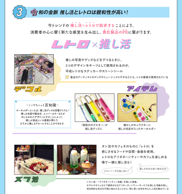 理由3、令和の金脈「推し活」とレトロは親和性が高い！　今トレンドの推し活×レトロで訴求することにより、消費者の心に新たな感覚を生み出し、貴社製品のPRに繋がります。