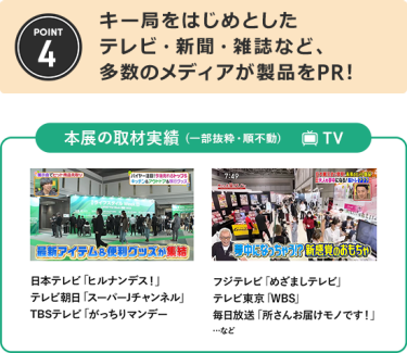 キー局をはじめとしたテレビ・新聞・雑誌など、 多数のメディアが製品をPR！