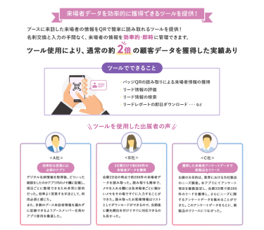 【来場者データを効率的に獲得できるツールを提供！】ブースに来訪した来場者の情報をQRで簡単に読み取れるツールを提供！名刺交換と入力の手間なく、来場者の情報を効率的・即時に管理できます。＊ツール使用により、通常の２倍の顧客データを獲得した実績あり  【ツールでできること】・バッジQRの読み取りによる来場者情報の獲得・リード情報の評価・リード情報の検索・リードレポートの即日ダウンロード　…など