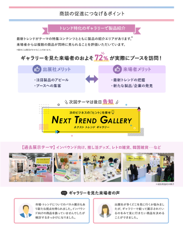 商談の促進につなげるポイント・トレンド特化のギャラリーで製品紹介 最新トレンドがテーマの特集コンテンツとともに製品の紹介エリアがあります。来場者からは複数の製品が同時に見られることを評価いただいています。 ギャラリーを見た来場者のおよそ72%が実際にブースを訪問！