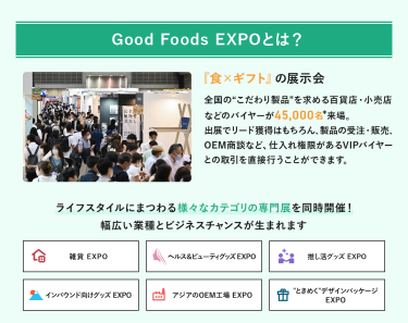 Good Foods EXPOとは、「食×ギフト」の展示会　全国の”こだわり製品”を求める百貨店・小売店などのバイヤーが45,000名来場。出展でのリード獲得はもちろん、製品の受注・販売、OEM商談など、仕入れ権限があるVIPバイヤーとの取引を直接行うことができます。ライフスタイルにまつわる様々なカテゴリの専門展を同時開催!幅広い業種とビジネスチャンスが生まれます。 雑貨EXPO、ヘルス＆ビューティーグッズEXPO、推し活EXPO、インバウンド向けグッズEXPO、アジアのOEM工場EXPO、“ときめく”デザインパッケージEXPO