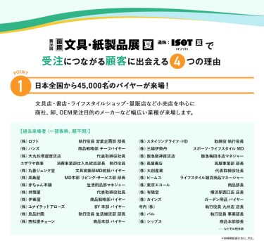 国際文具・紙製品展　ISOTで受注につながる顧客に出会える4つの理由　理由1、日本全国から45,000名のバイヤーが来場！文具店、書店、ライフスタイルショップ、量販店など小売店を中心に商社、卸、OEM発注目的のメーカーなど幅広い業種が来場します。