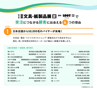 国際文具・紙製品展　ISOTで受注につながる顧客に出会える4つの理由　理由1、日本全国から50,000名のバイヤーが来場！文具店、書店、ライフスタイルショップ、量販店など小売店を中心に商社、卸、OEM発注目的のメーカーなど幅広い業種が来場します。