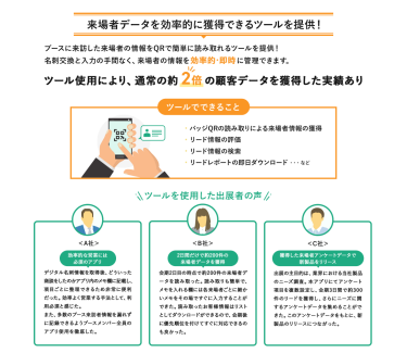 【来場者データを効率的に獲得できるツールを提供！】ブースに来訪した来場者の情報をQRで簡単に読み取れるツールを提供！名刺交換と入力の手間なく、来場者の情報を効率的・即時に管理できます。＊ツール使用により、通常の２倍の顧客データを獲得した実績あり  【ツールでできること】・バッジQRの読み取りによる来場者情報の獲得・リード情報の評価・リード情報の検索・リードレポートの即日ダウンロード　…など