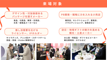 ＜来場対象＞“パケ買い”ニーズに応える、企画・バイヤーが集結　・デザイン性・付加価値あるパッケージを探すメーカー　・PB開発・戦略に力を入れる小売店　・推し活需要を広げるライセンサー、IPホルダー　・訪日・地域ギフトの魅力を高める観光・土産メーカー