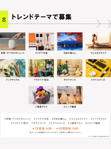 2、トレンドテーマで募集　家電・デジタルガジェット、アイデア文具、日本の暮らし、ウェルネスライフ、アップサイクル、アウトドア/防災、サウナグッズ、トラベルグッズ、ご褒美グルメ、ユニーク雑貨　・7月夏展50枠・9月関西展20枠