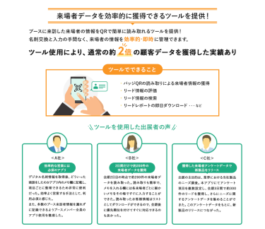 【来場者データを効率的に獲得できるツールを提供！】ブースに来訪した来場者の情報をQRで簡単に読み取れるツールを提供！名刺交換と入力の手間なく、来場者の情報を効率的・即時に管理できます。＊ツール使用により、通常の２倍の顧客データを獲得した実績あり  【ツールでできること】・バッジQRの読み取りによる来場者情報の獲得・リード情報の評価・リード情報の検索・リードレポートの即日ダウンロード　…など
