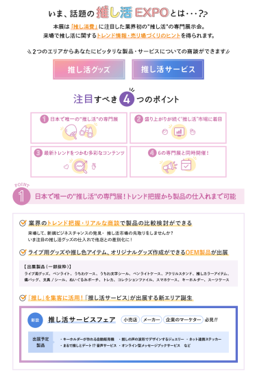 いま、話題の推し活EXPOとは…？　本展は「推し消費」に注目した業界初の"推し活"の専門展示会。来場で推し活に関するトレンド情報・売り場づくりのヒントを得られます。　2つのエリアからあなたにピッタリな製品・サービスについての商談ができます・推し活グッズ・推し活サービス　注目すべき4つのポイント　①日本で唯一の"推し活"の専門展　②盛り上がりが続く"推し活"市場に着目　③最新トレンドをつかむ多彩なコンテンツ　④6の専門展と同時開催！　①日本で唯一の"推し活"の専門展！トレンド把握から製品の仕入れまで可能　・業界のトレンド把握・リアルな商談で製品の比較検討ができる　・ライブ用グッズや推し色アイテム、オリジナルグッズ作成ができるOEM製品が出展　・「推し」を集客に活用！「推し活サービス」が出展する新エリア誕生