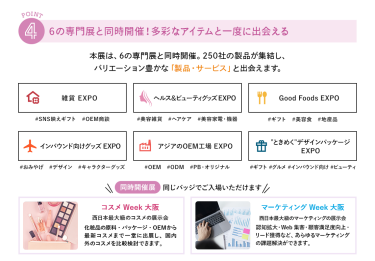④6の専門展と同時開催！多彩なアイテムと一度に出会える　本展は、6の専門展と同時開催。250社の製品が集結し、バリエーション豊かな「製品・サービス」と出会えます。　・雑貨EXPO・ヘルス＆ビューティーグッズEXPO・GoodFoodsEXPO・インバウンド向けグッズEXPO・アジアのOEM工場EXPO・“ときめく”デザインパッケージEXPO【同時開催展】同じバッジでご入場いただけます　・コスメWeek大阪・マーケティングWeek大阪
