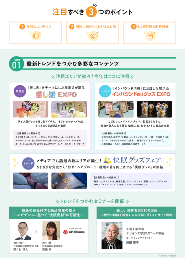 注目すべき3つのポイント　POINT① 最新トレンドをつかむ多彩なコンテンツ　注目エリアが続々！今年はここに注目【NEW】快眠グッズフェア・【業界初】推し活EXPO・【NEW】インバウンド向けグッズEXPO　＼トレンドをつかむセミナーを開催／　西川（株）日本睡眠科学研究所 所長 野々村 琢人/西川（株）日本睡眠科学研究所 安藤 翠/芝浦工業大学デザイン工学部UXコース教授 マーケティングアナリスト 原田 曜平