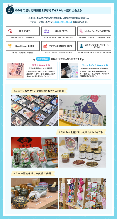 ④6の専門展と同時開催！多彩なアイテムと一度に出会える　本展は、6の専門展と同時開催。250社の製品が集結し、バリエーション豊かな「製品・サービス」と出会えます。　・雑貨EXPO・推し活EXPO・ヘルス＆ビューティーグッズEXPO・Good Foods EXPO・アジアのOEM工場EXPO・“ときめく”デザインパッケージEXPO　【同時開催展】同じバッジでご入場いただけます　・コスメWeek大阪・マーケティングWeek大阪　#ユニークなデザインが目を惹く和テイスト製品　#日本のお土産にぴったり！グルメギフト　#日本の歴史を感じる伝統工芸品