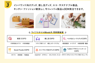 POINT③　インバウンド向けグッズ、推し活グッズ、エコ・サステナブル製品、キッチン・ファッション雑貨など、今トレンドの製品もOEM発注できます。
