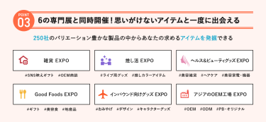 POINT③ 6の専門展と同時開催！思いがけないアイテムを一度に出会える　250社のバリエーション豊かな製品の中からあなたの求めるアイテムを発掘できる　・雑貨EXPO・推し活EXPO・ヘルス＆ビューティーグッズEXPO・GoodFoodsEXPO・インバウンド向けグッズEXPO・アジアのOEM工場EXPO