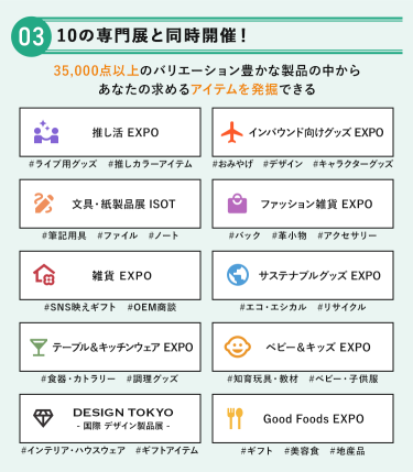 POINT③ 10の専門展と同時開催！思いがけないアイテムを一度に出会える　35,000点以上のバリエーション豊かな製品の中からあなたの求めるアイテムを発掘できる　・推し活EXPO・インバウンド向けグッズEXPO・文具・紙製品展 ISOT・ファッション雑貨EXPO・雑貨EXPO・サステナブルグッズEXPO・テーブル＆キッチンウェアEXPO・ベビー＆キッズEXPO・DESIGN TOKYO －国際デザイン製品展－・Good Foods EXPO