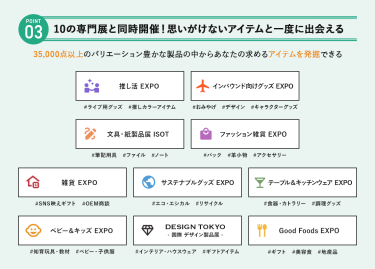 POINT③ 10の専門展と同時開催！思いがけないアイテムを一度に出会える　35,000点以上のバリエーション豊かな製品の中からあなたの求めるアイテムを発掘できる　・推し活EXPO・インバウンド向けグッズEXPO・文具・紙製品展 ISOT・ファッション雑貨EXPO・雑貨EXPO・サステナブルグッズEXPO・テーブル＆キッチンウェアEXPO・ベビー＆キッズEXPO・DESIGN TOKYO －国際デザイン製品展－・Good Foods EXPO