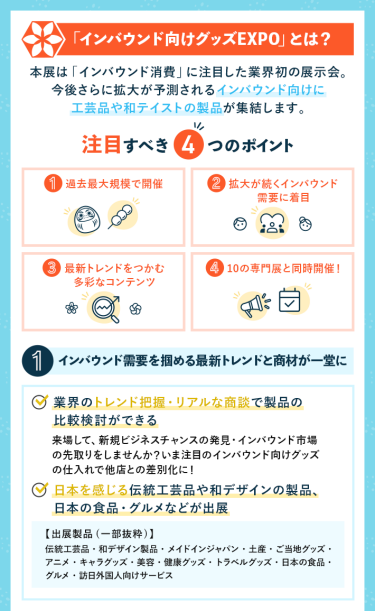 インバウンド向けグッズEXPOとは？ 本展は「インバウンド消費」に注目した業界初の展示会。 今後さらに拡大が予測されるインバウンド向けに工芸品や和テイストの製品が集結します。 [注目すべき4つのポイント] ①過去最大規模で開催②拡大が続くインバウンド需要に着目 ③最新トレンドをつかむ多彩なコンテンツ④10の専門展と同時開催！　POINT①インバウンド需要を掴める最新トレンドと商材が一堂に　・業界のトレンド把握・リアルな商談で製品の比較検討ができる・日本を感じる伝統工芸品や和デザインの製品日本の食品・グルメなどが出展