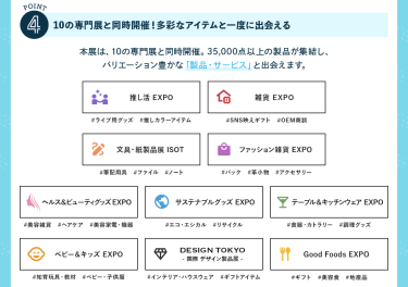 ④10の専門展と同時開催！多彩なアイテムと一度に出会える　本展は、10の専門展と同時開催。35,000点以上の製品が集結し、バリエーション豊かな「製品・サービス」と出会えます。　・推し活EXPO・雑貨EXPO・文具・紙製品展 ISOT・ファッション雑貨EXPO・ヘルス＆ビューティーグッズEXPO・サスティナブルグッズEXPO・テーブル＆キッチンウェアEXPO・ベビー＆キッズEXPO・DESIGN TOKYO・Good Foods EXPO