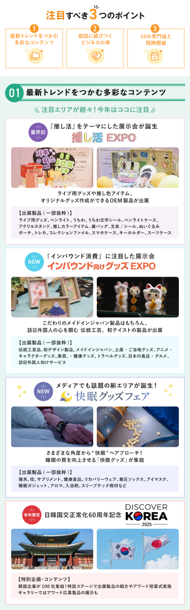 注目すべき3つのポイント　POINT① 最新トレンドをつかむ多彩なコンテンツ　注目エリアが続々！今年はここに注目・【業界初】推し活EXPO・【NEW】インバウンド向けグッズEXPO・【NEW】快眠グッズフェア　【本年限定】日韓国交正常化60周年記念 DISCOVER KOREA 2025