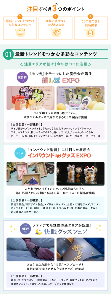 注目すべき3つのポイント　POINT① 最新トレンドをつかむ多彩なコンテンツ　注目エリアが続々！今年はここに注目・【業界初】推し活EXPO・【NEW】インバウンド向けグッズEXPO・【NEW】快眠グッズフェア